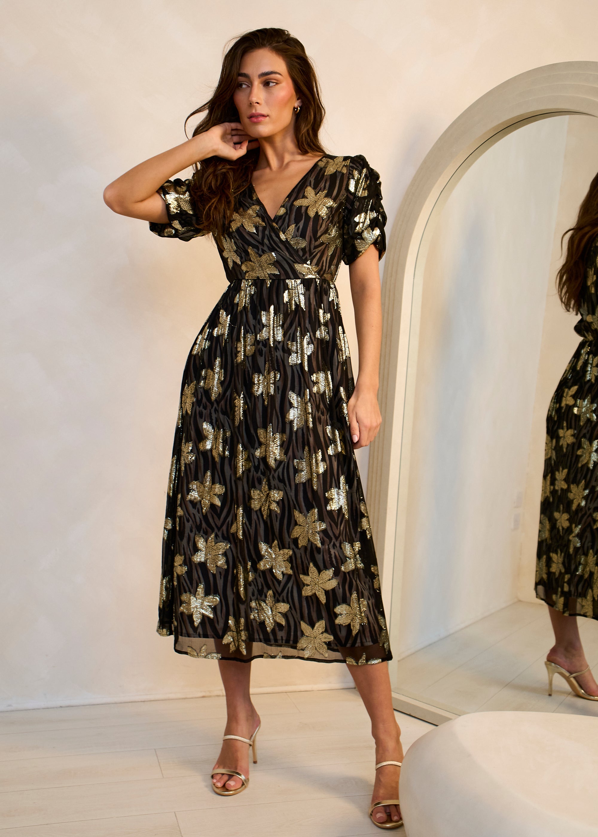 Gini London Black Floral Lurex Wrap Front Dress