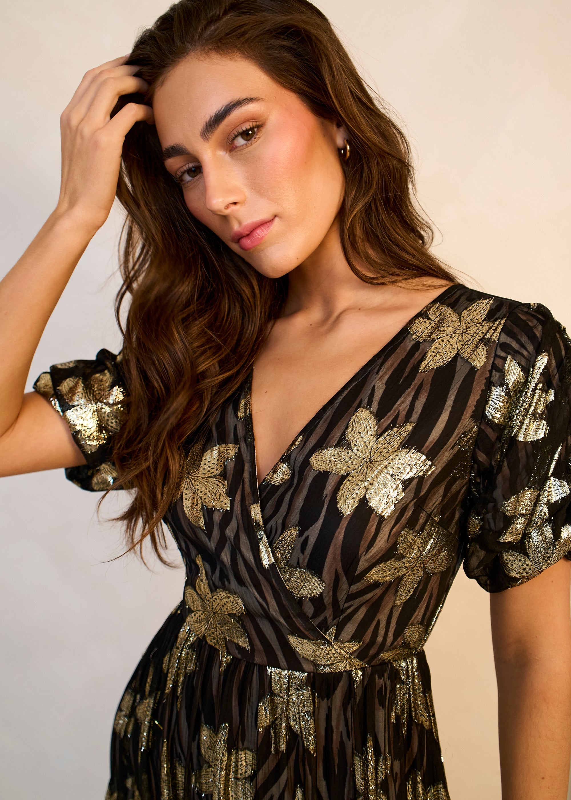 Gini London Black Floral Lurex Wrap Front Dress