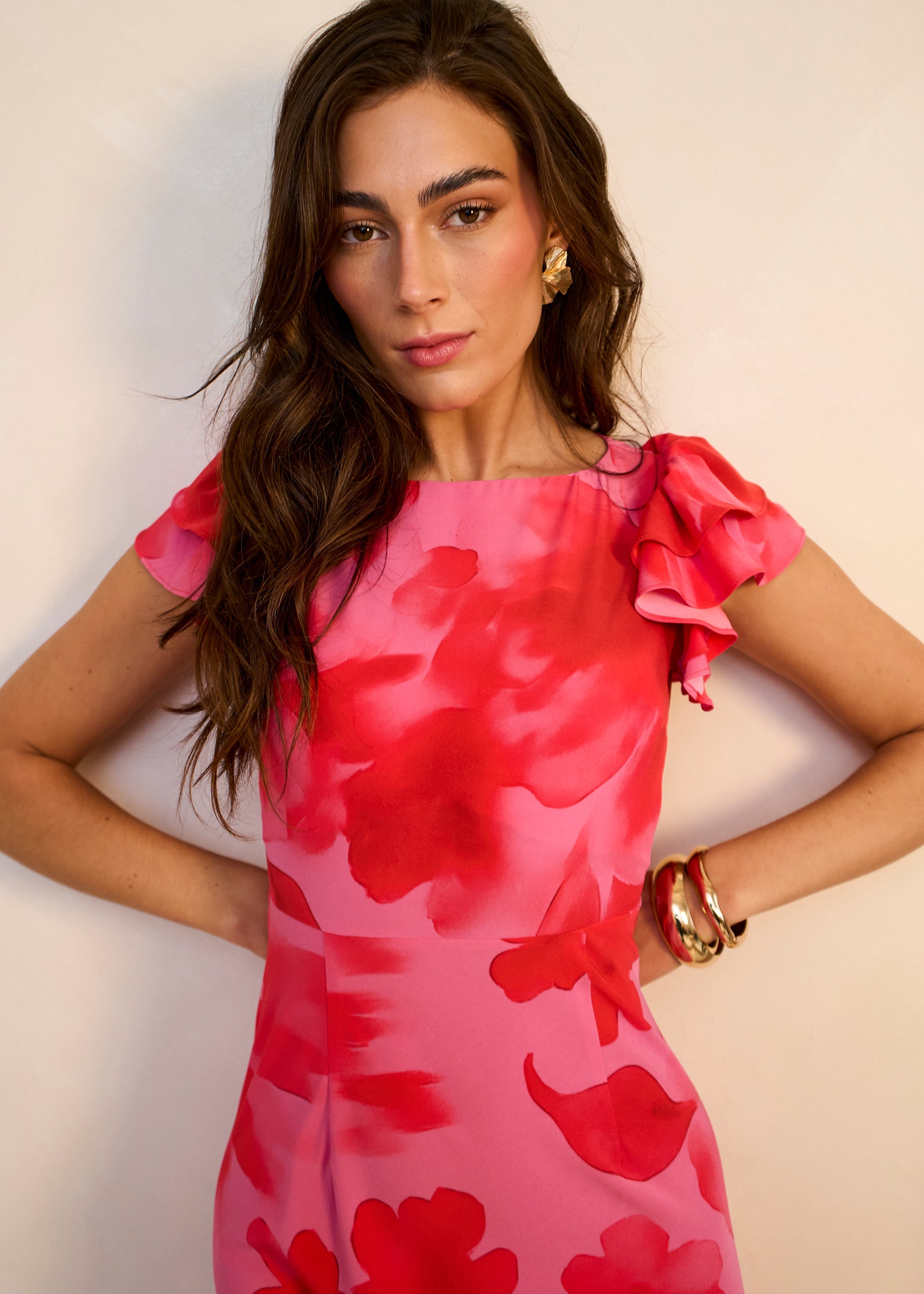Gini London Pink Watercolour Floral Print Ruffle Midaxi Dress