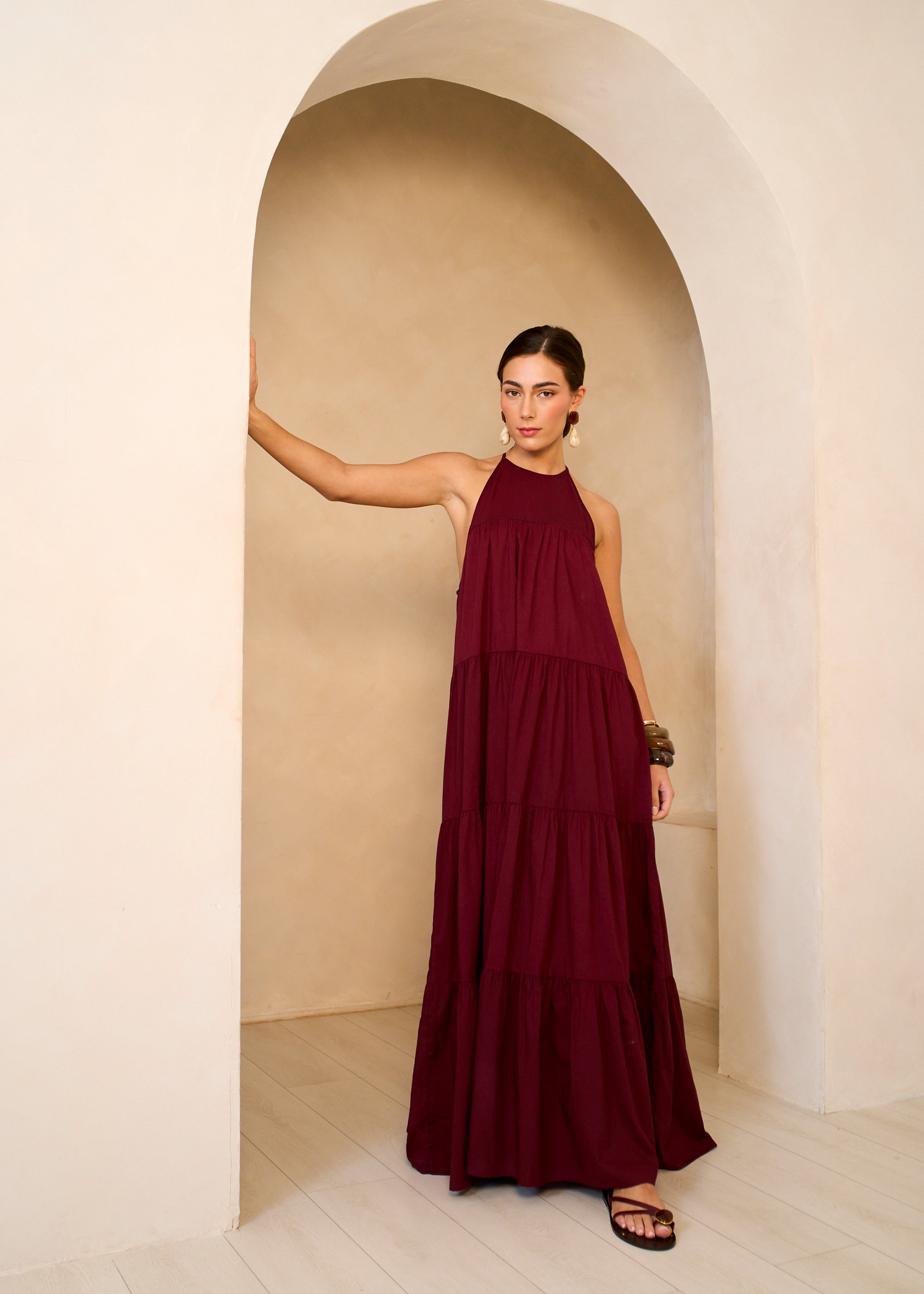 Gini London Mulberry Tiered Halter Maxi Trapeze Dress
