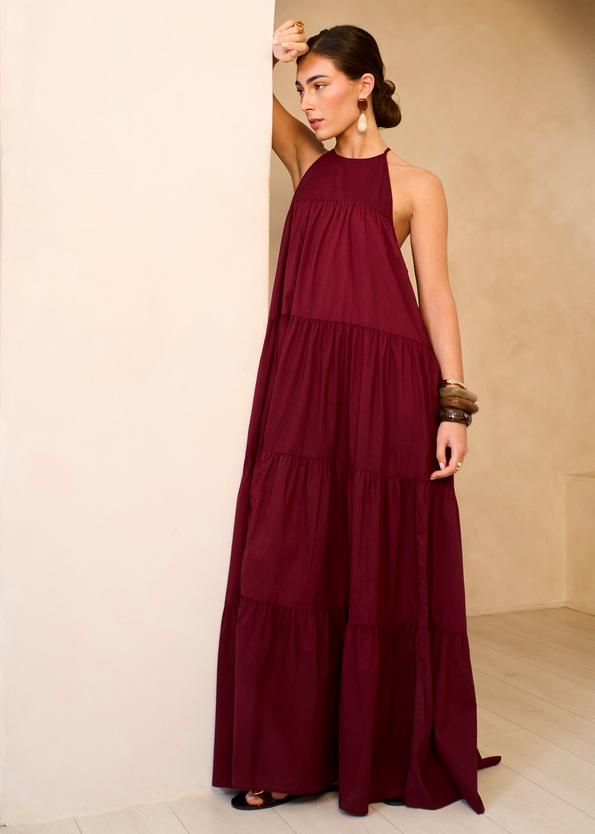 Gini London Mulberry Tiered Halter Maxi Trapeze Dress