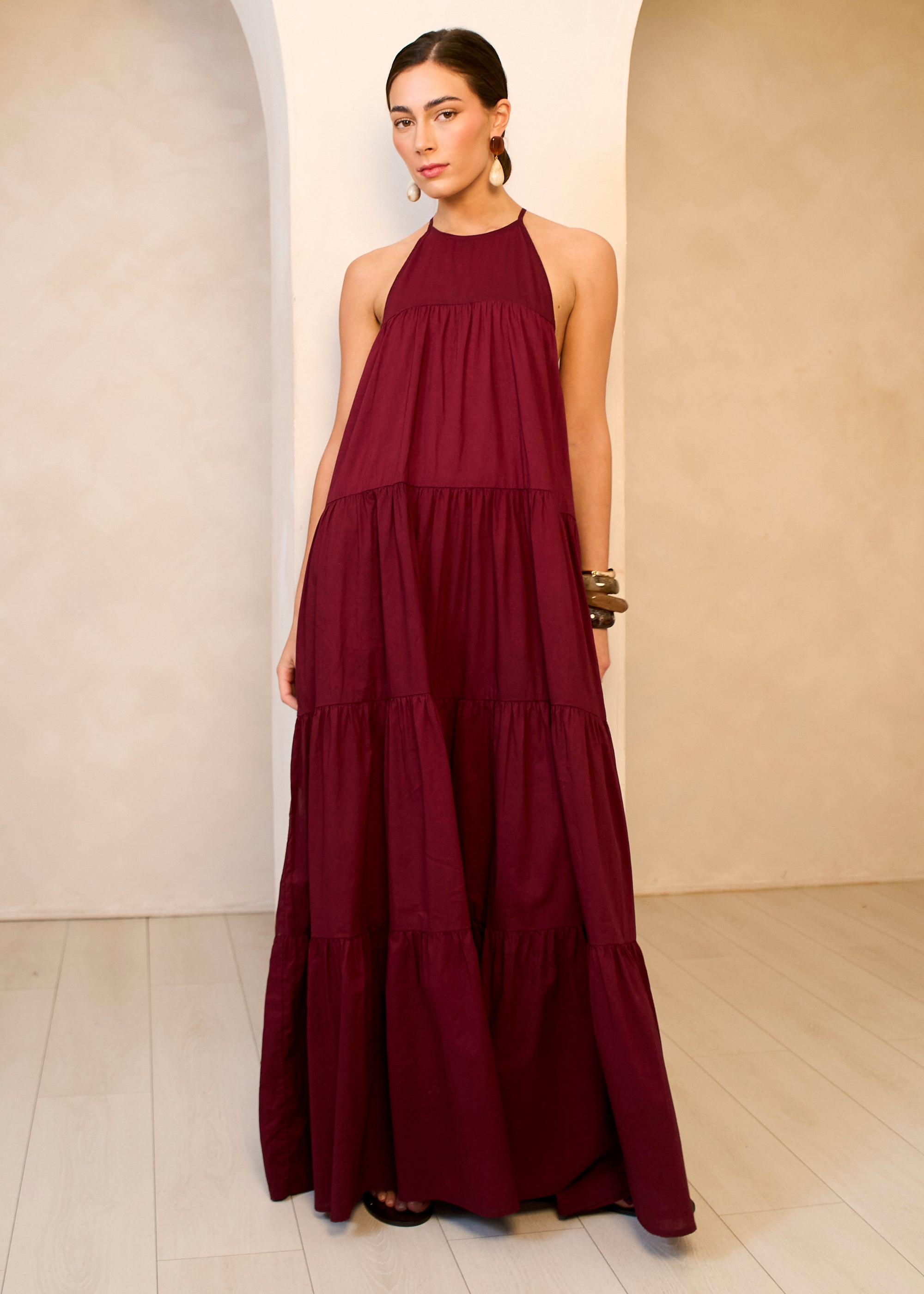 Gini London Mulberry Tiered Halter Maxi Trapeze Dress