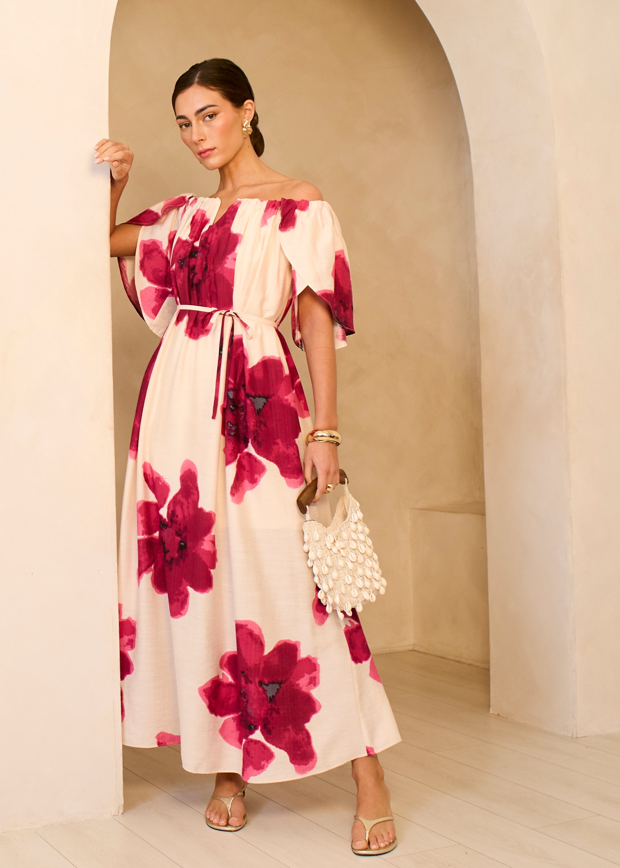 Gini London Pink Bardot Trapeze Maxi Dress