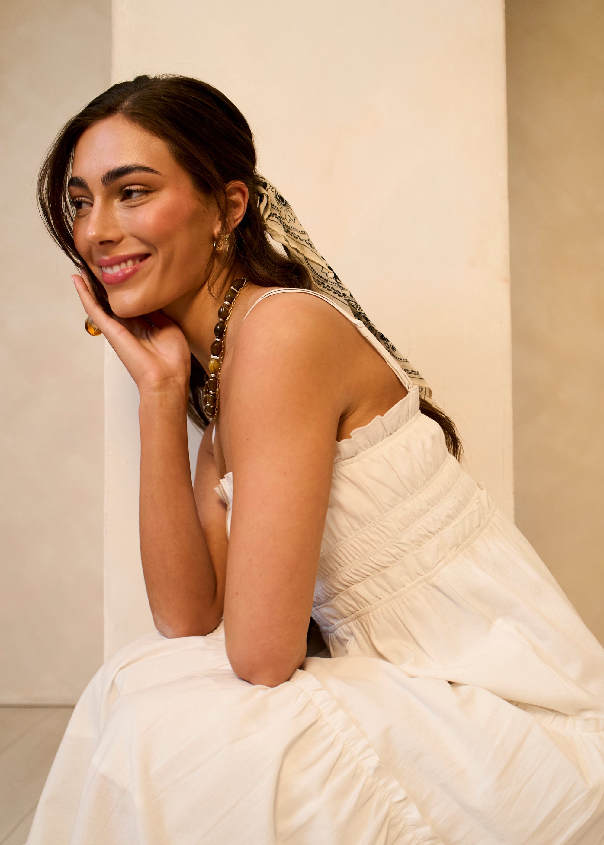 Gini London White Cotton Shirred Strappy Flare Maxi Dress