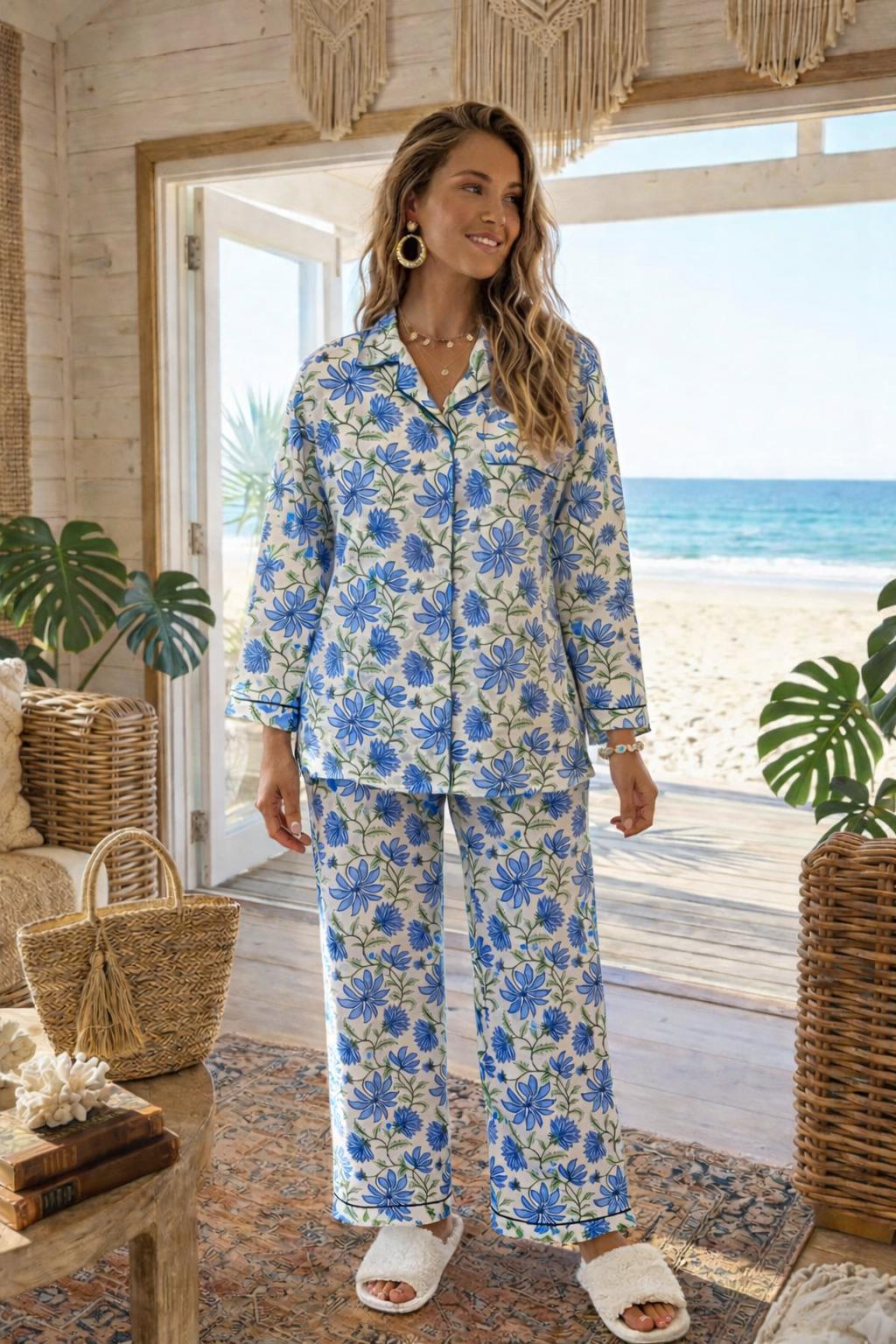 Soul Of Sita Woodblock Blue Floral Pyjama Set