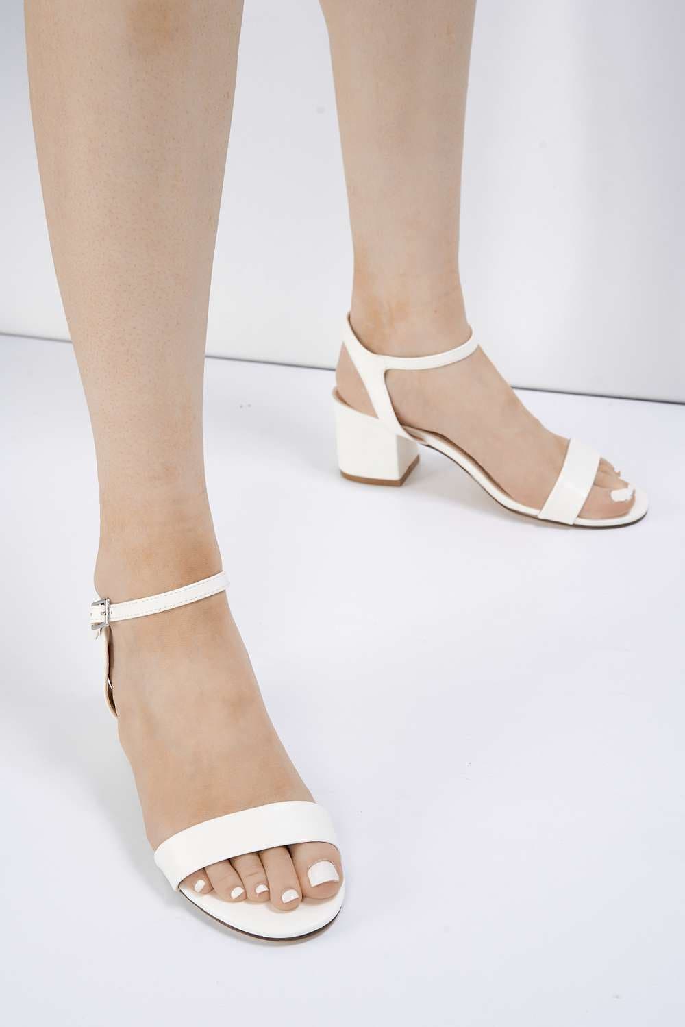 Flori Thick Anklestrap & Band Heeled Sandal in White PU Heels Miss Diva