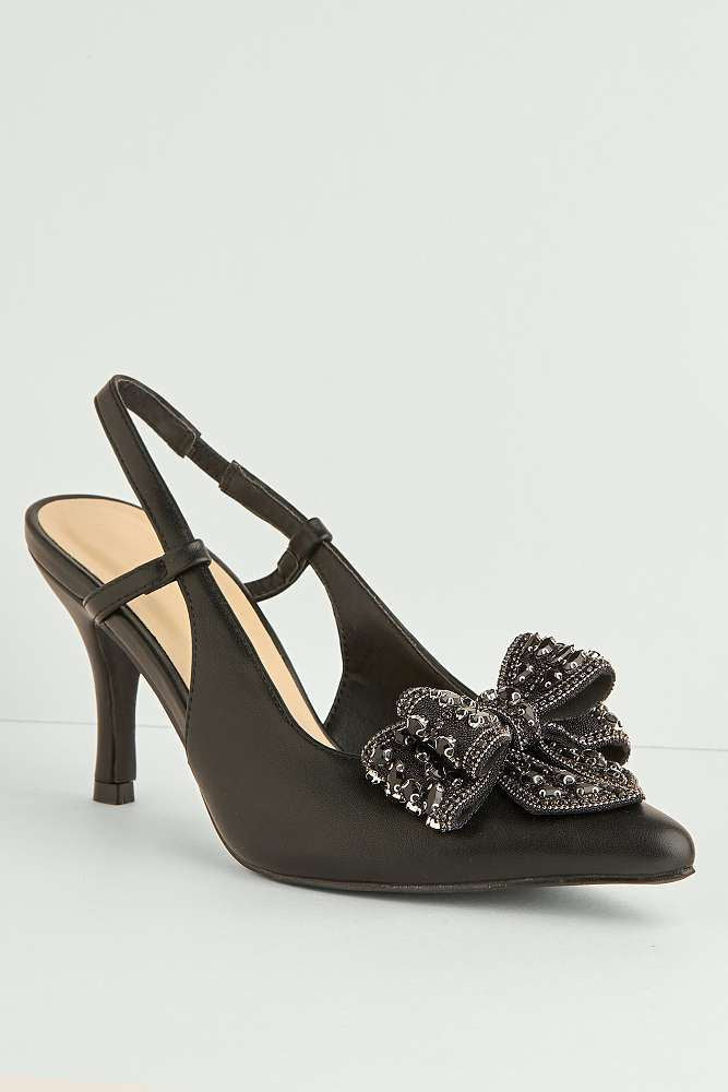 Celia Diamante Bow Pointed Toe Slingback Court Shoes in Black