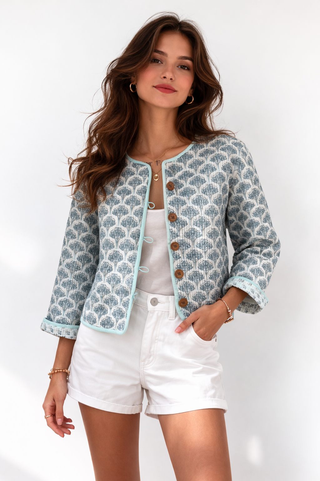 Soul Of Sita Wood Block Printed Cotton Quilted Reversible Jacket In Soft Blues.