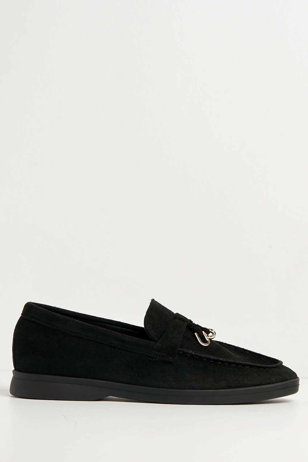 Miss Diva Tonya Charm Detail Slip-On Faux Suede Loafers in Black