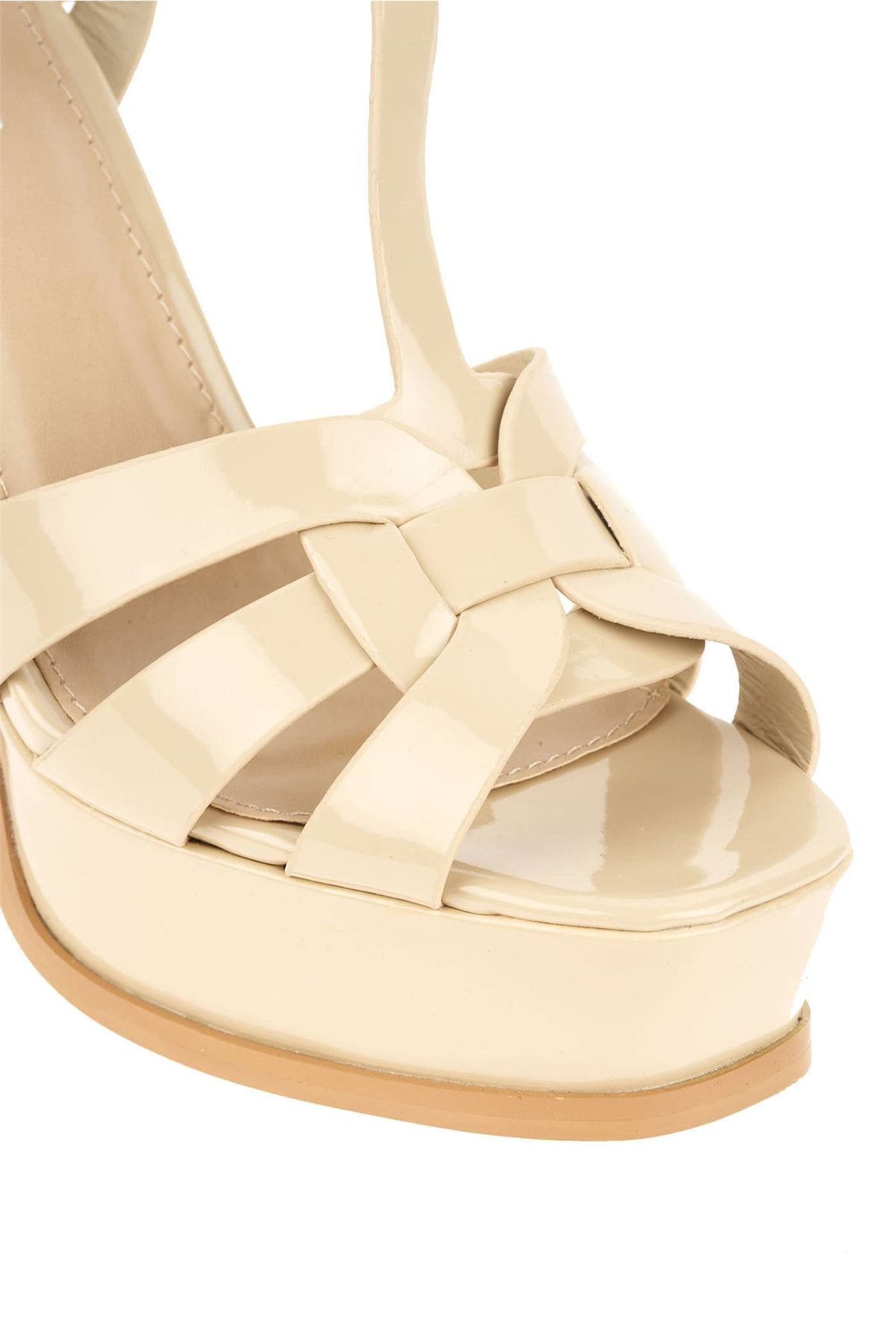 Tani High Platform T-Bar Sandals in Nude Patent Heels Miss Diva