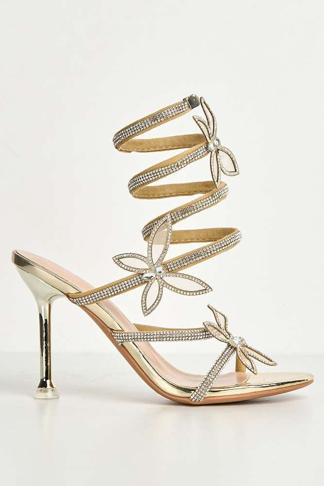 Miss Diva Gold Toki Butterfly Detail Diamante Heels