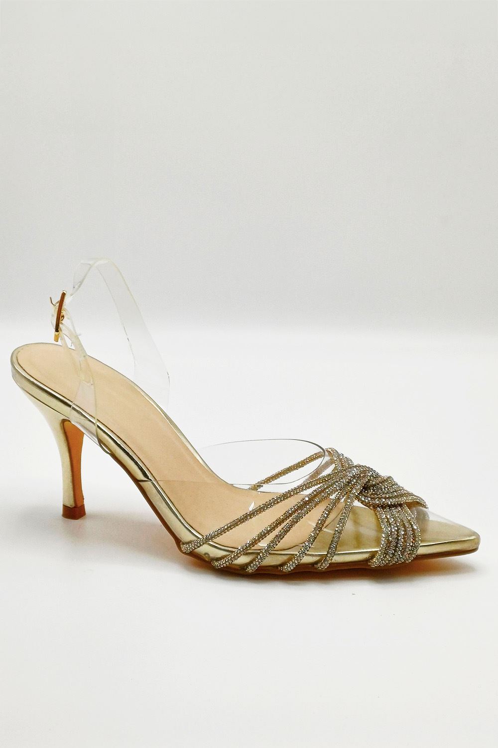 Liz Diamante Embellished Sling Back Perspex Court Shoes in Gold