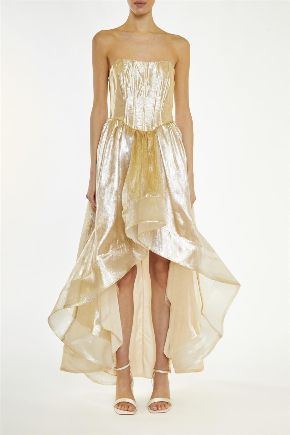 True Decadence Gold-Metallic Winnie Corset Style Hi-Low Dress