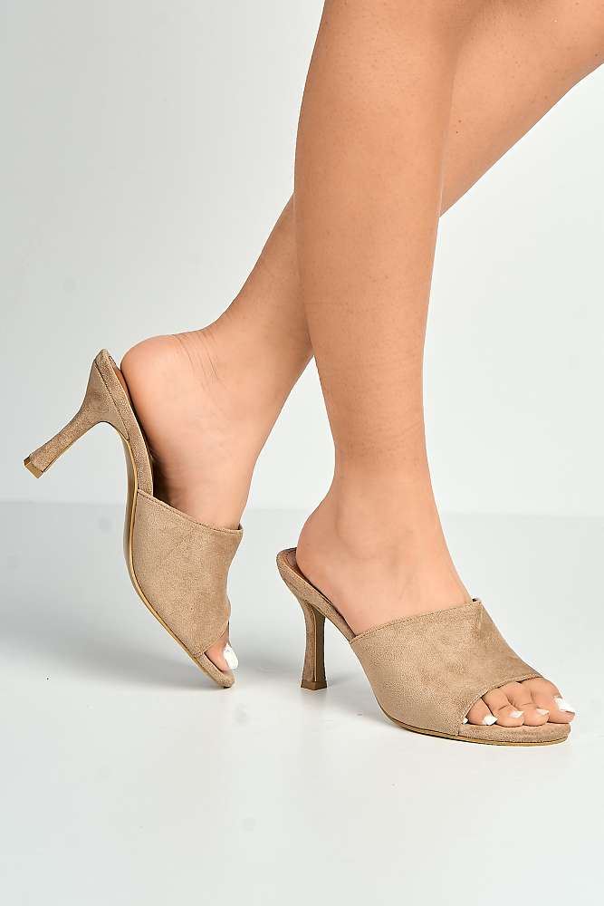 Giselle Peeptoe Plain Band Heeled Mules in Taupe Suede