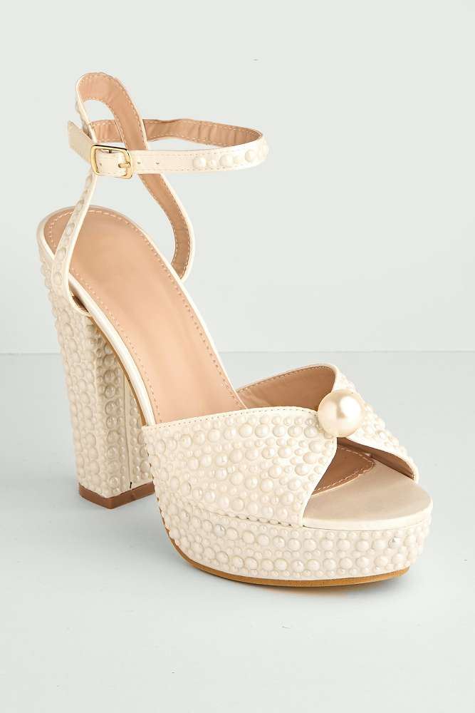 Amora Pearl Embellished Block Heel Anklestrap Sandals in White
