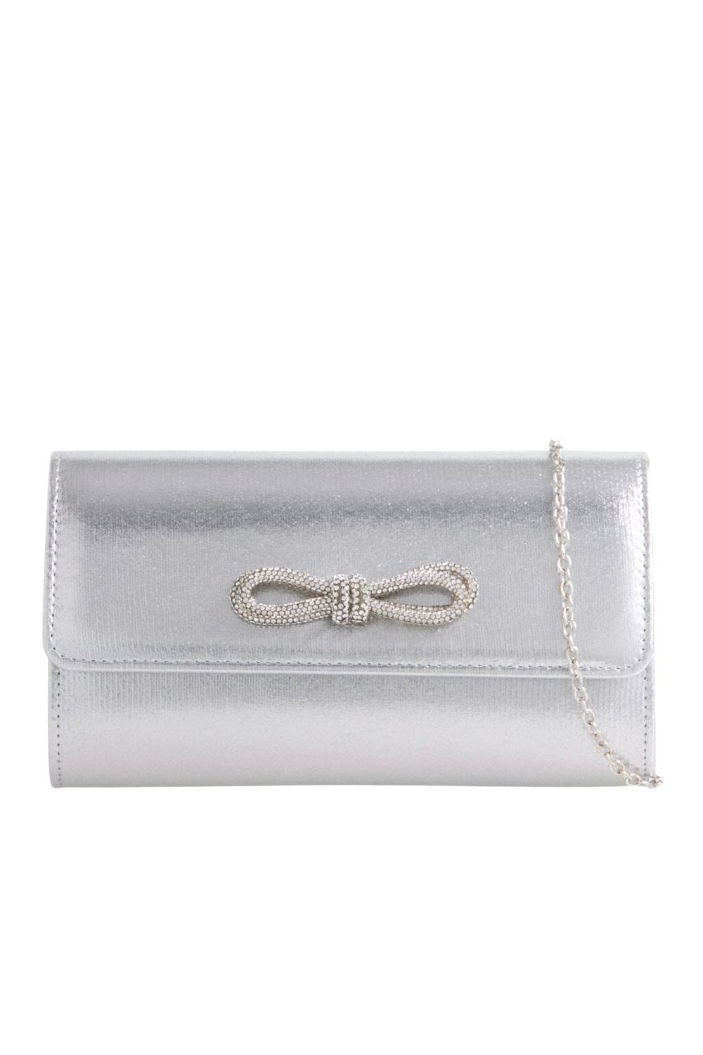 Miiss Diva Avery Diamante Bow Detail Clutch Bag in Silver Metallic