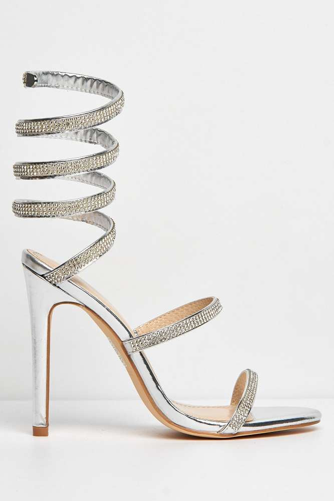 Miss Diva Hellena Diamante Embellished Women's Heeled Sandals in Silver