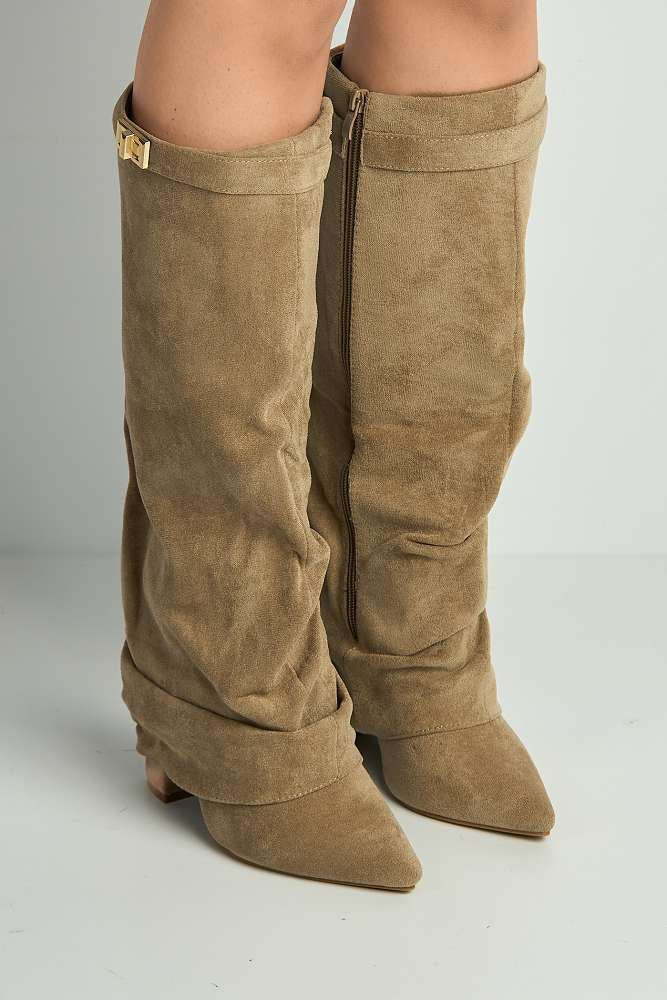 Miss iva Taupe Izel Block Heel Pointy Toe Gold Boots