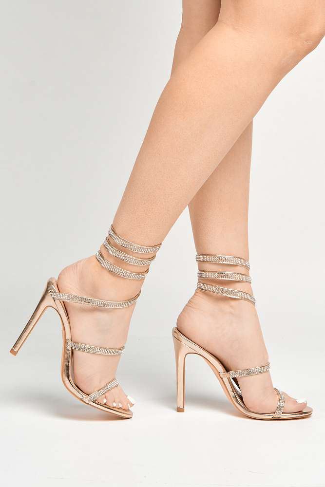 Miss Diva Hellena Diamante Embellished Women's Heeled Sandals in Gold