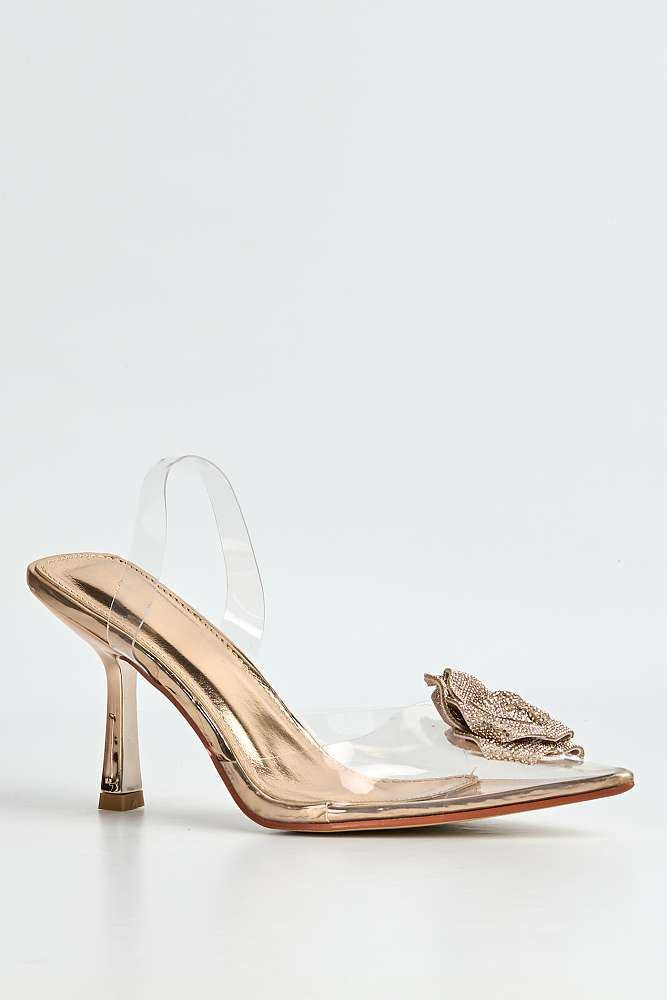 Rosela Diamante Rose Detail Pointed Toe Perspex Heels in Rose Gold