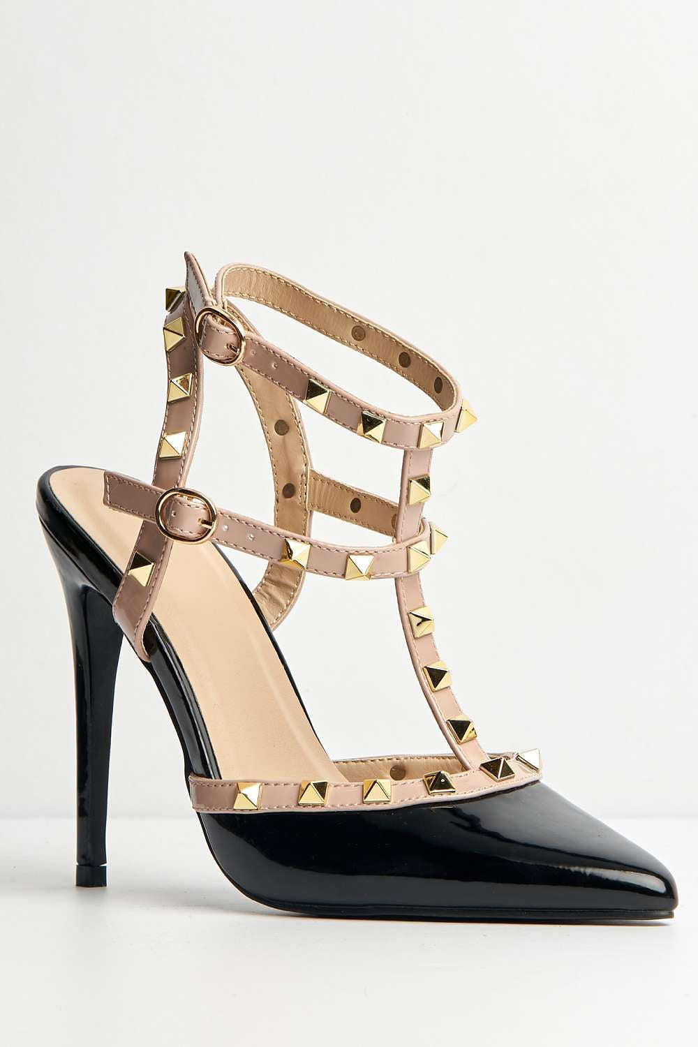 Miss Diva Paya Pointed Toe Studded Ankle Strap Court Shoes in Black Patent