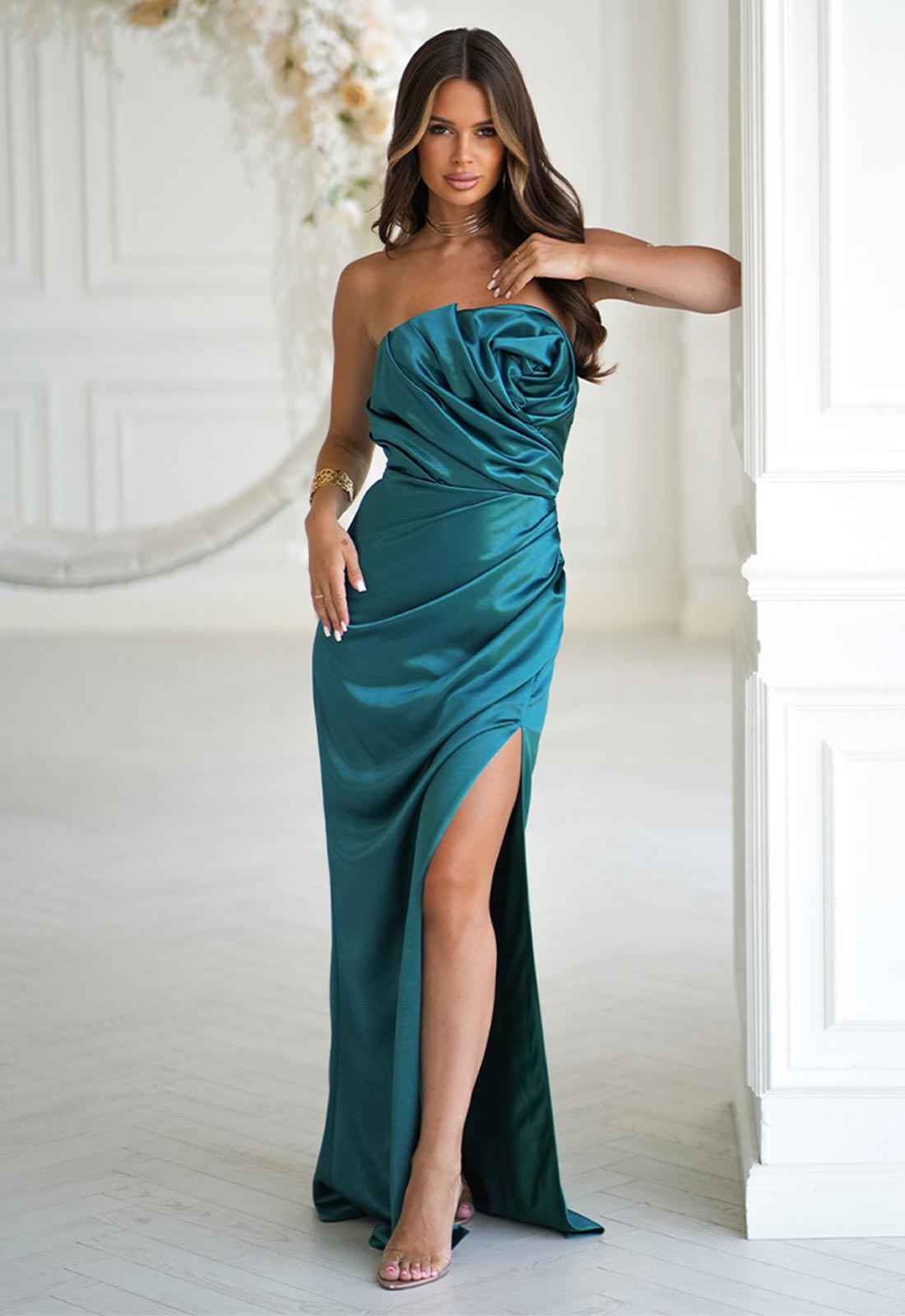 Long satin dress LBD Exclusive Teal Camila Satin Maxi Dress