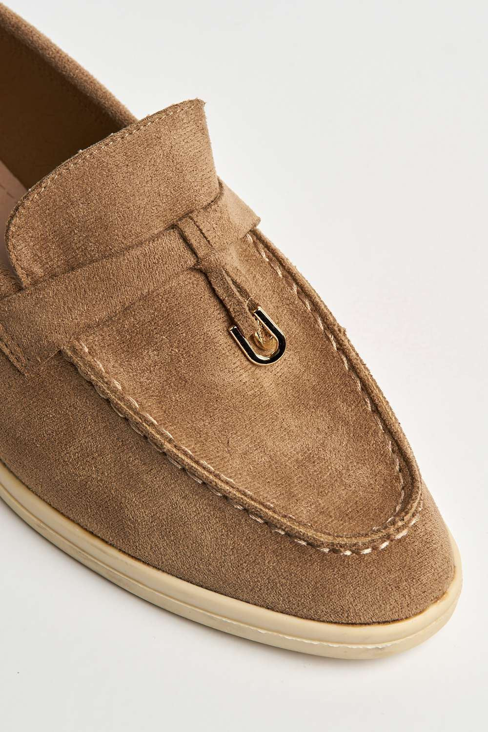 Miss Diva Taupe Tonya Charm Detail Slip-On Faux Suede Loafers