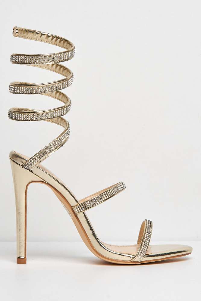 Miss Diva Hellena Diamante Embellished Women's Heeled Sandals in Gold