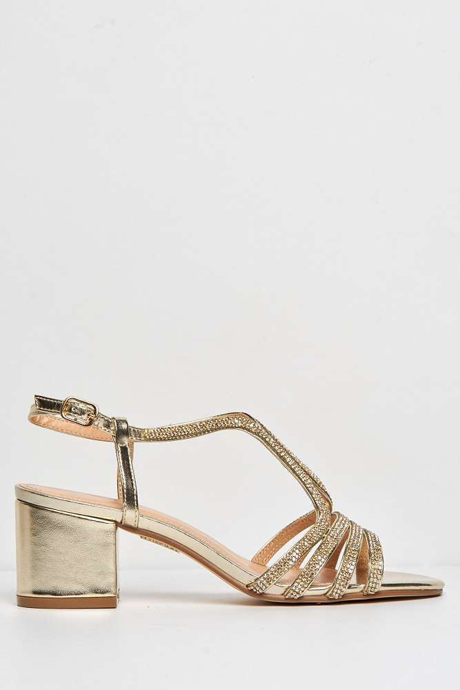 Miss Diva Amanda 3 Diamante Strap T-bar Block Heel Sandal in Gold