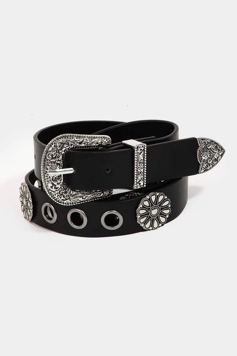 Soul Of Sita Western Etched Buckle Vegan Leather Belt: Ka