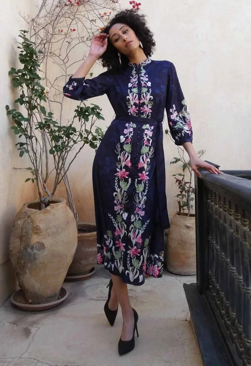 Raishma Studio Navy Bria Floral Midi Dress