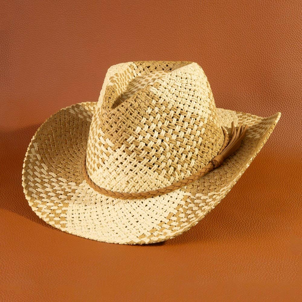Soul Of Sita Two Tone Straw Braided Patches Cowboy Hat: Ka