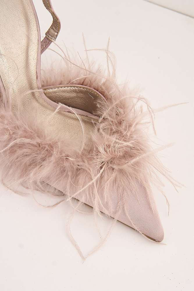Aisla Pointed Toe Feather Slingback Court Shoes in Nude