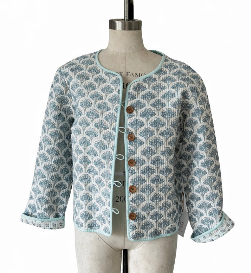 Soul Of Sita Wood Block Printed Cotton Quilted Reversible Jacket In Soft Blues.
