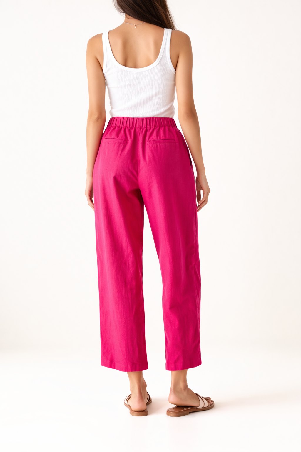 Soul Of Sita 100% Cotton Fuschia Pink Elasticated Waist & Drawstring Trousers With Pockets In Side And Back. Drawstring Detail