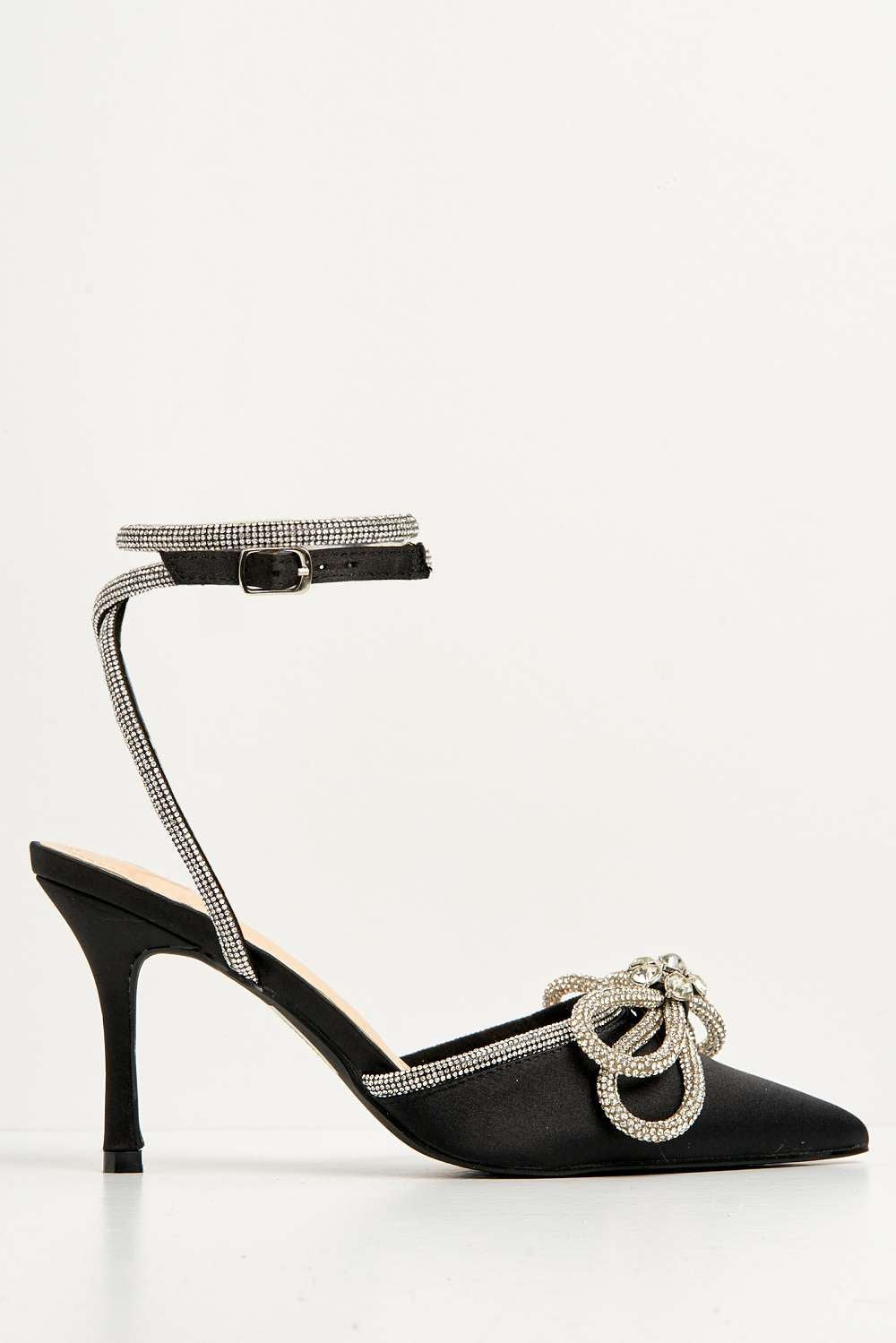 Natalie Pointed Toe Diamante Bow & Strap Court Shoe Heel in Black Satin Heels Miss Diva