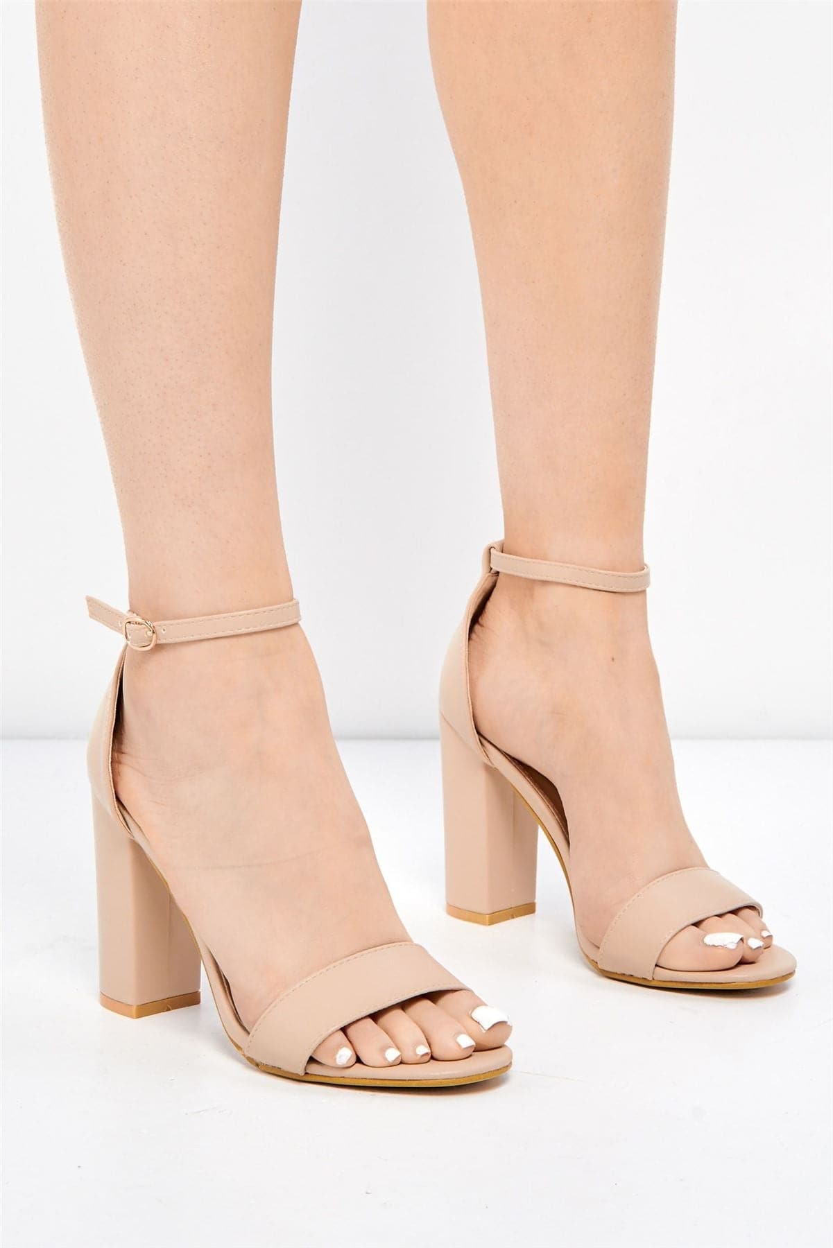 May Barely There Block Heel Ankle Strap Sandal in Nude PU Heels Miss Diva