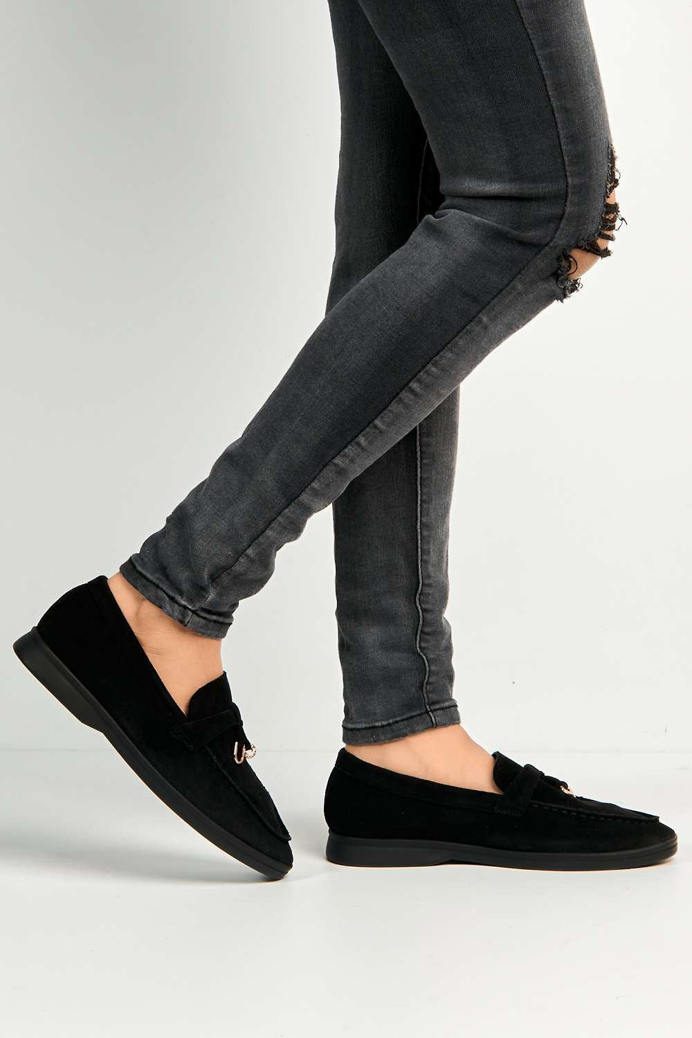 Miss Diva Tonya Charm Detail Slip-On Faux Suede Loafers in Black