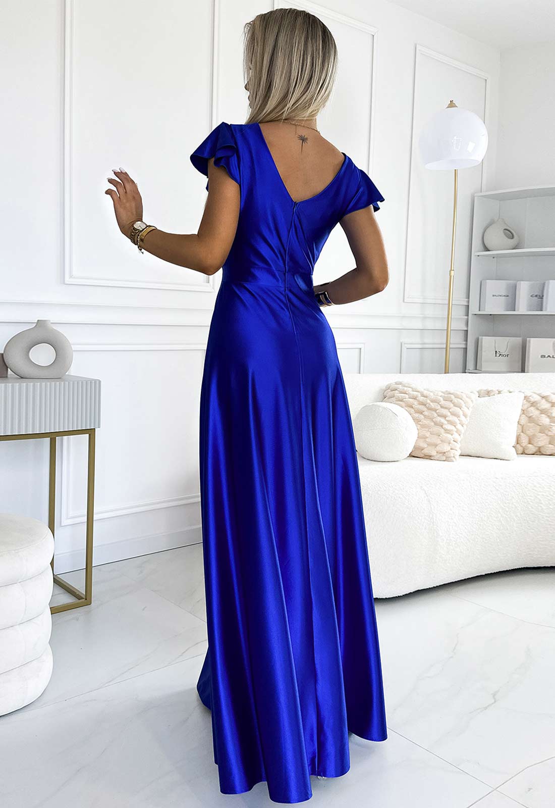LBD Exclusive Blue Satin Crystal Maxi Dress