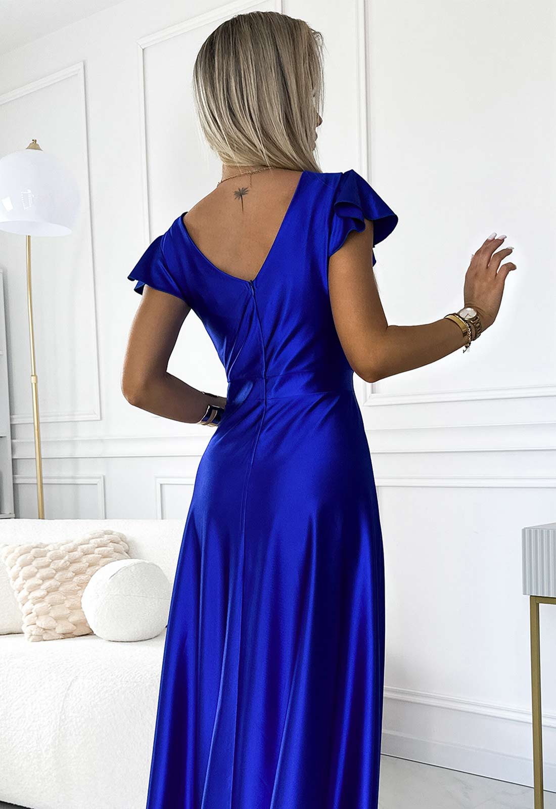 LBD Exclusive Blue Satin Crystal Maxi Dress