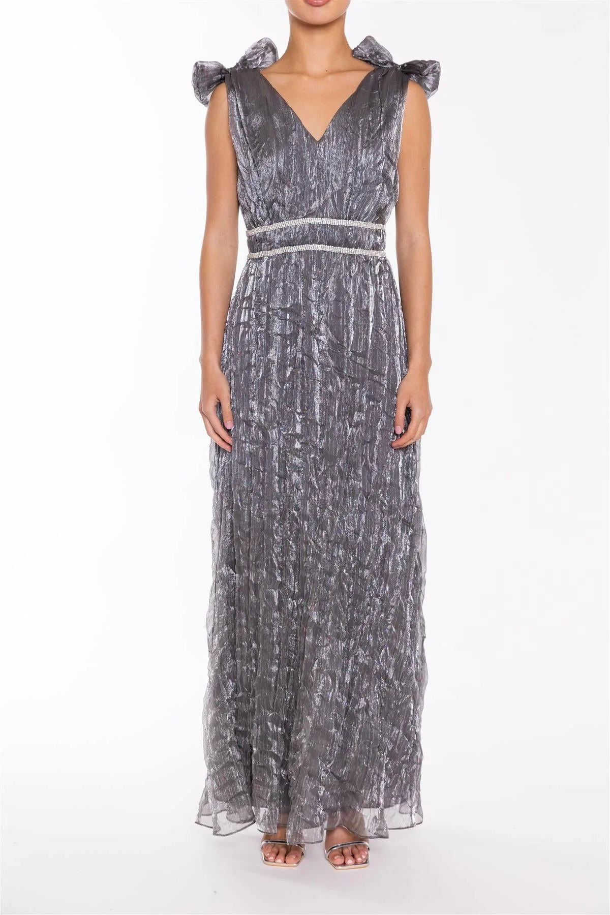 True Decadence Leia Petrol Crinkle Organza Bow Shoulder Maxi Dress