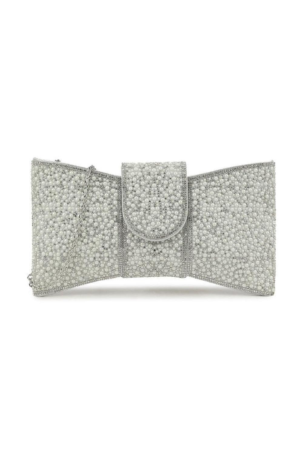 Miss Diva Silver Lucille Diamante Encrusted Bow Envelope Clutch Bag