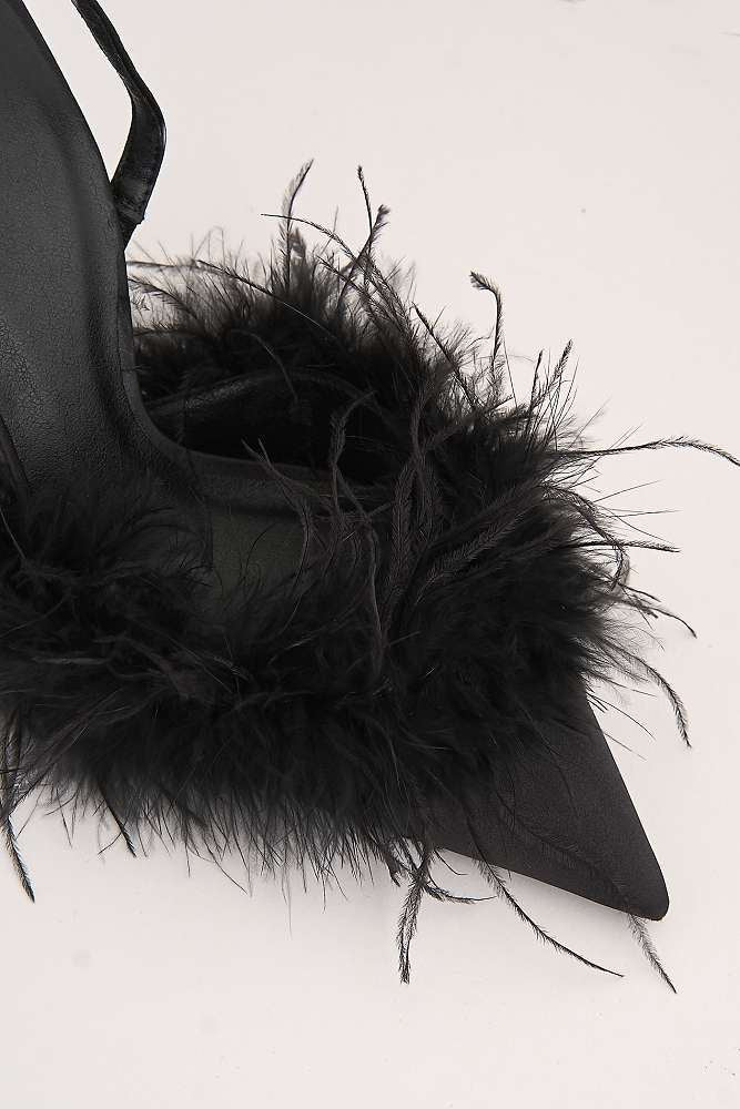 Aisla Pointed Toe Feather Slingback Court Shoes in Black
