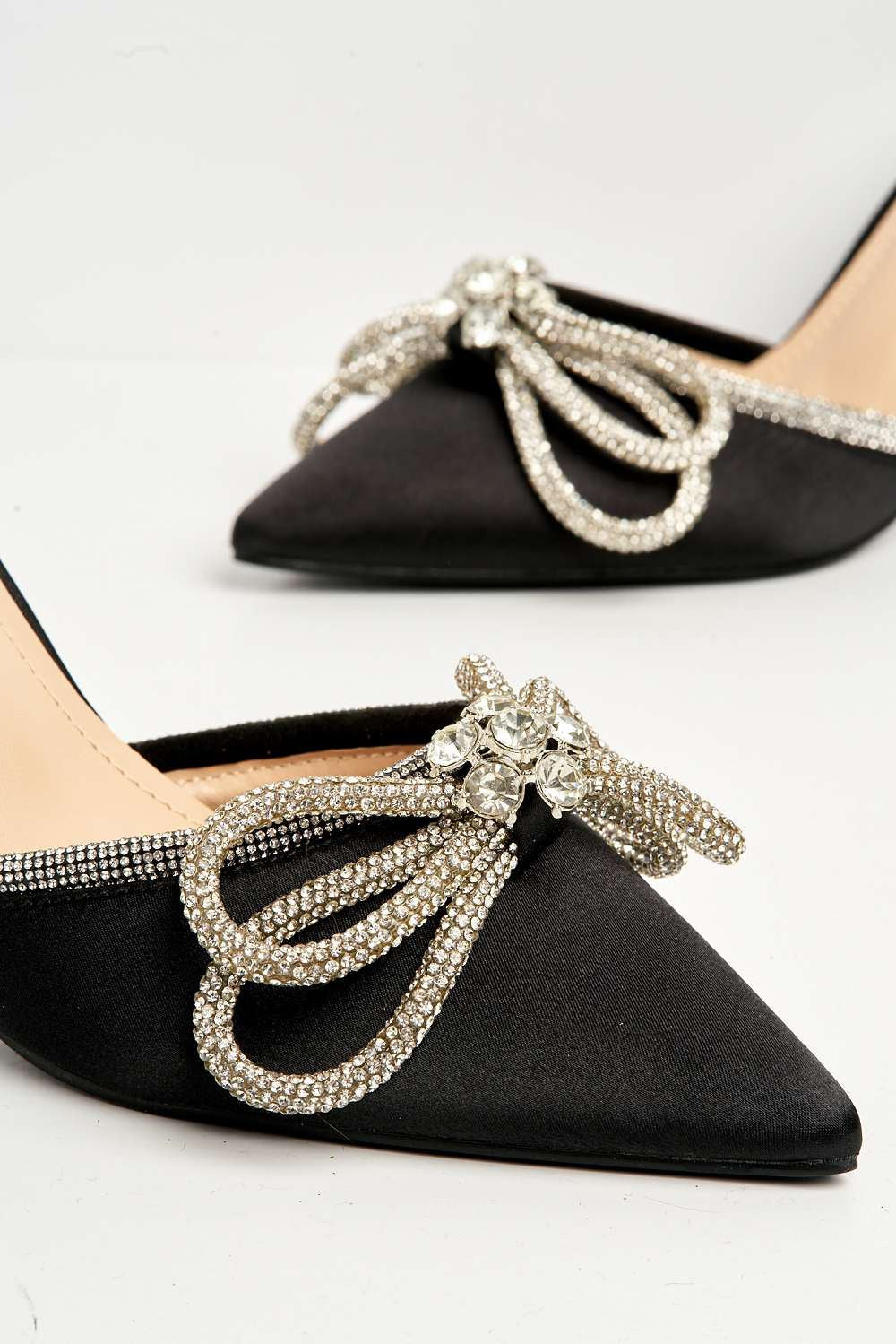 Natalie Pointed Toe Diamante Bow & Strap Court Shoe Heel in Black Satin Heels Miss Diva