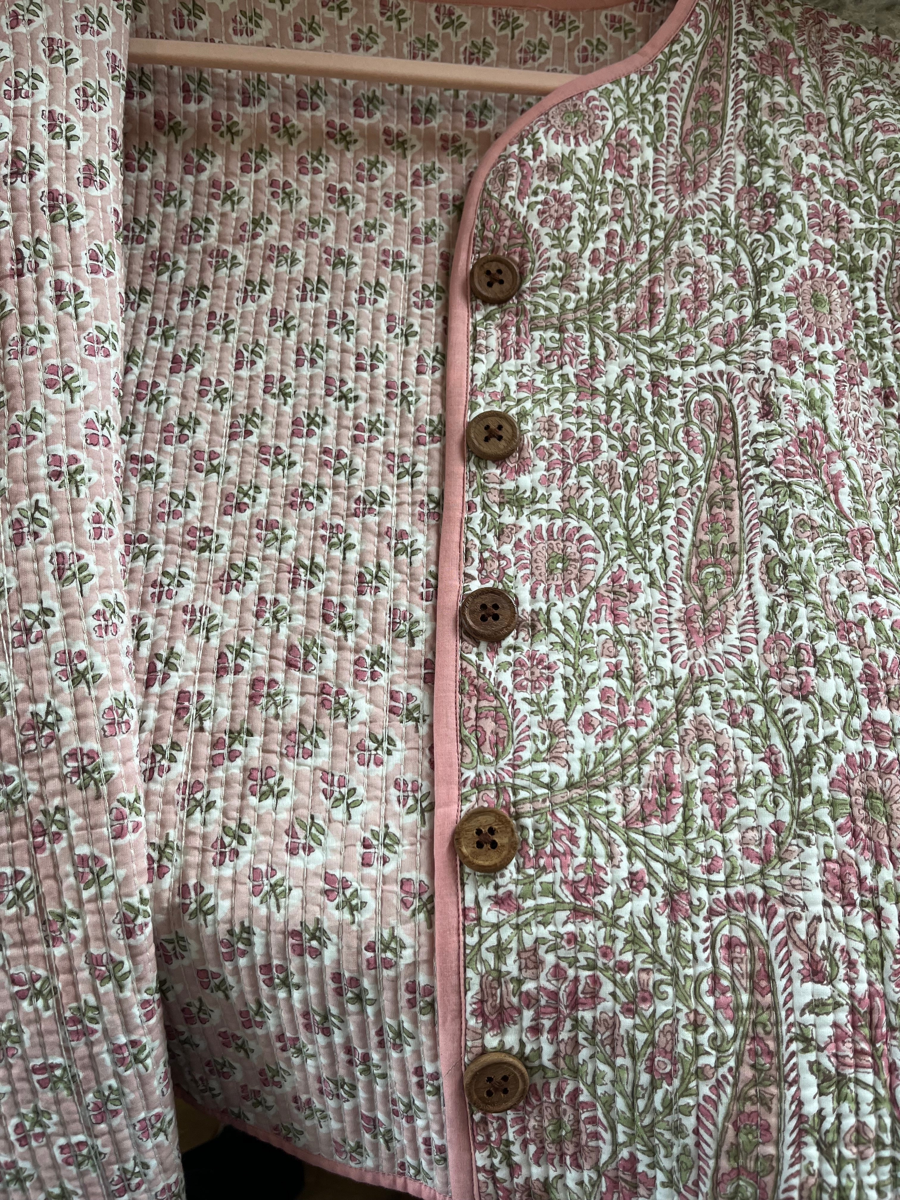 Soul Of Sita Pink/Green Floral Wood Block Printed Reversible Jacket With Wooden Buttons, 100% Cotton, Hand Printed By Amazingly Talented Artisans In Jaipur.