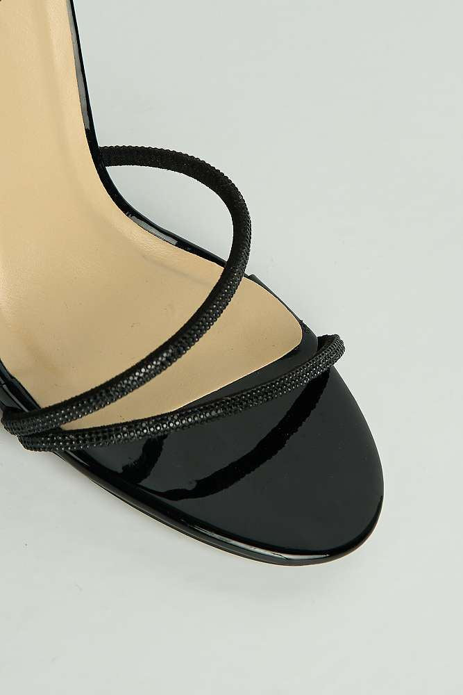 Curly Diamante Embellished Spiral Ankle Strap Sandals in Black Diamante