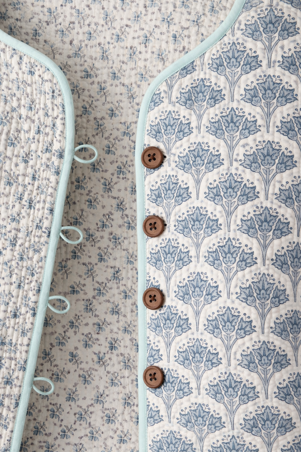 Soul Of Sita Wood Block Printed Cotton Quilted Reversible Jacket In Soft Blues.