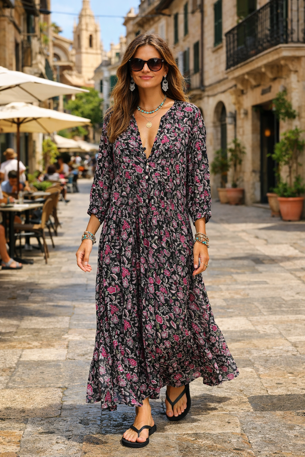 Soul Of Sita Inky Black Cotton / Silk Maxi Dress In Beautiful Floral Print With Separate Cotton Vest Under Garment. Side Pockets.