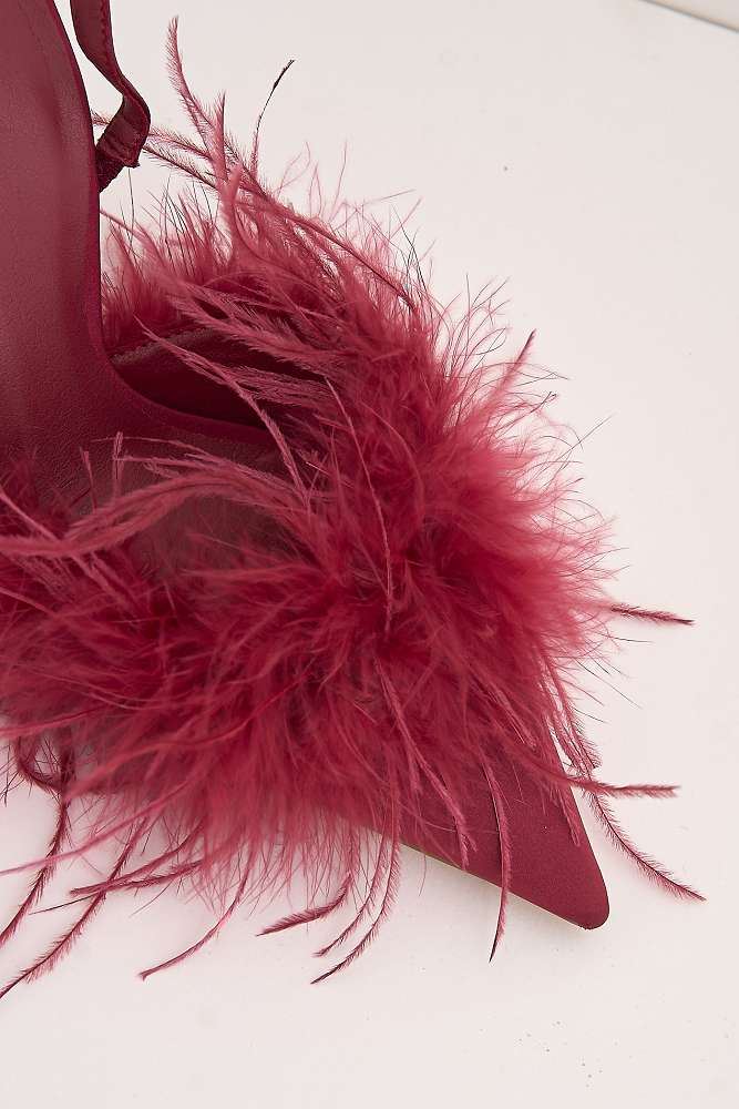 Aisla Pointed Toe Feather Slingback Court Shoes in Red