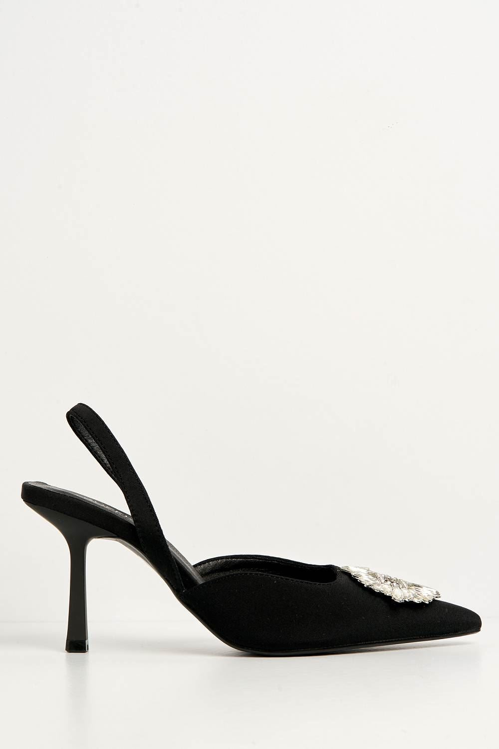 Miss Diva Amira Diamante Brooch Sling Back Court Shoes in Black Satin